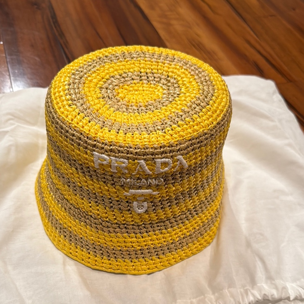 Prada Yellow and Tan Crochet Bucket Hat